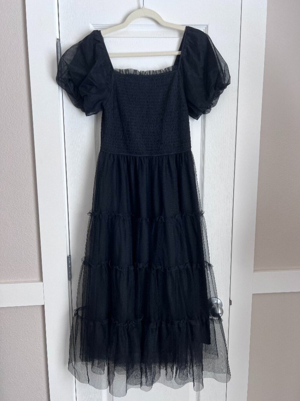 PrettyGarden Black Tulle Smocked Tiered Midi Dress - Size S